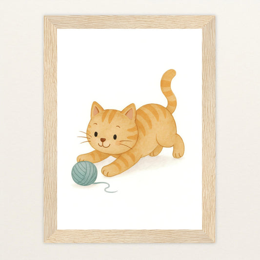 Kira die Katze - Motiv: "Wolle" Poster mit Holzrahmen von tinylearner