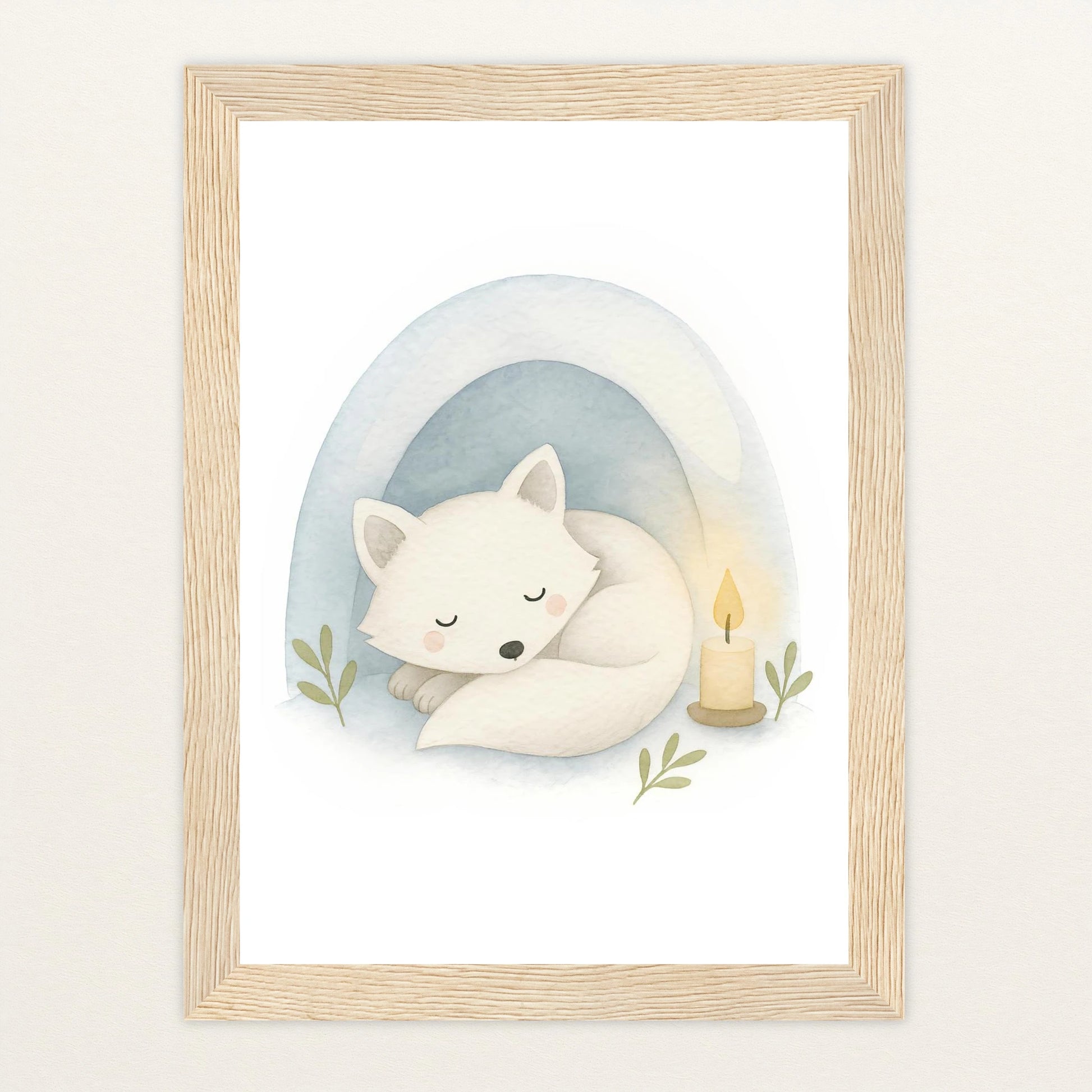 Pino der Polarfuchs - Motiv: "Schneehöhle" Poster mit Holzrahmen von tinylearner