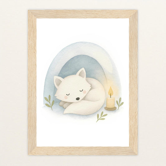 Pino der Polarfuchs - Motiv: "Schneehöhle" Poster mit Holzrahmen von tinylearner