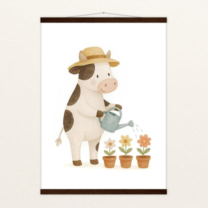 Klara die Kuh - Motiv: "Blumengießen" Poster mit Leisten von tinylearner