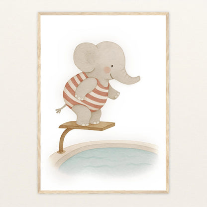 Emil der Elefant - Motiv: "Pool" Poster mit Holzrahmen von tinylearner