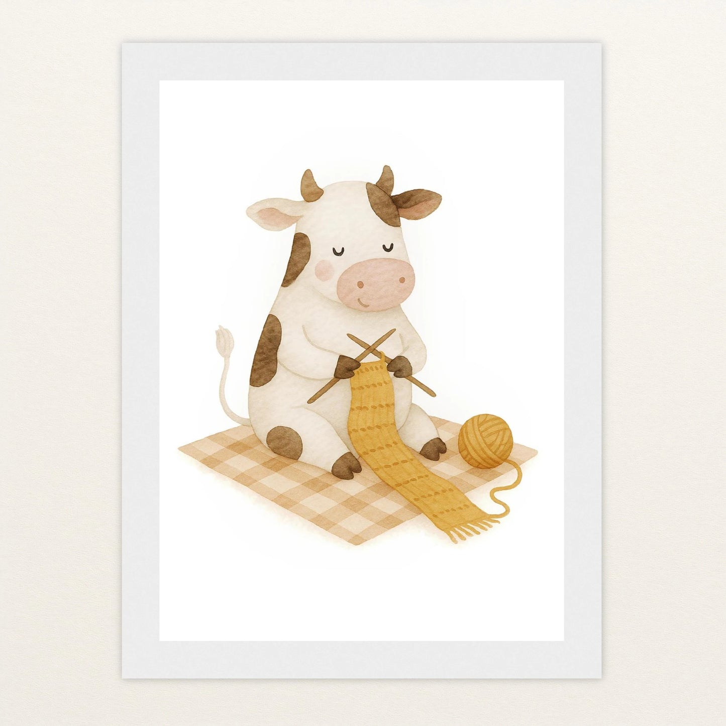 Klara die Kuh - Motiv: "Häkeln" Poster mit Holzrahmen von tinylearner