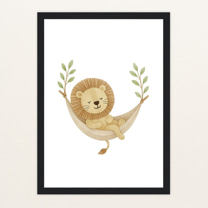 Leo der Löwe - Motiv: "Hängematte" Poster mit Holzrahmen von tinylearner