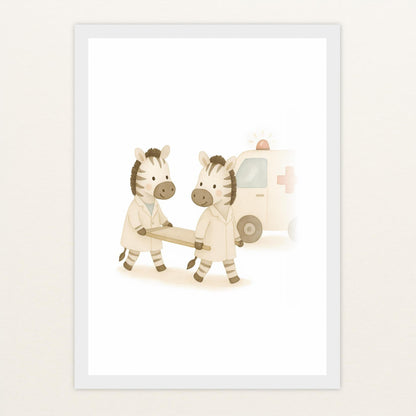 Zinni das Zebra - Motiv: "Krankenwagen" Poster mit Holzrahmen von tinylearner