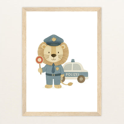 Leo der Löwe - Motiv: "Polizei" Poster mit Holzrahmen von tinylearner