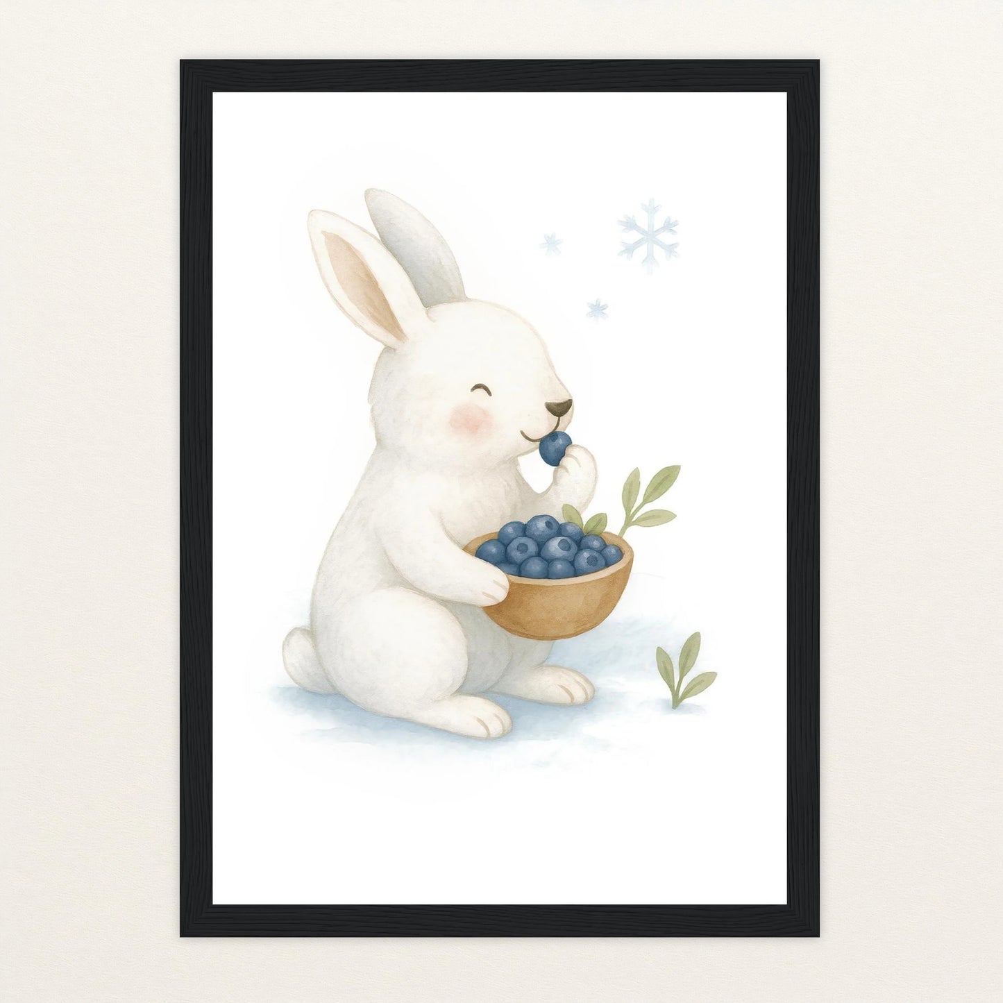 Sina der Schneehase - Motiv: "Blaubeeren" Poster mit Holzrahmen von tinylearner