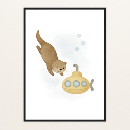 Otti der Otter - Motiv: "U-Boot" Poster mit Holzrahmen von tinylearner