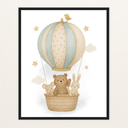 Tierfreunde - Motiv: "Heißluftballon" Poster mit Holzrahmen von tinylearner