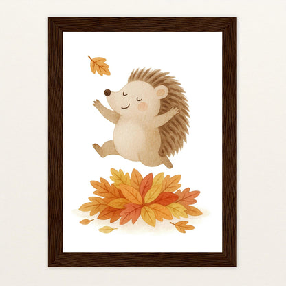 Iggi der Igel - Motiv: "Laub" Poster mit Holzrahmen von tinylearner