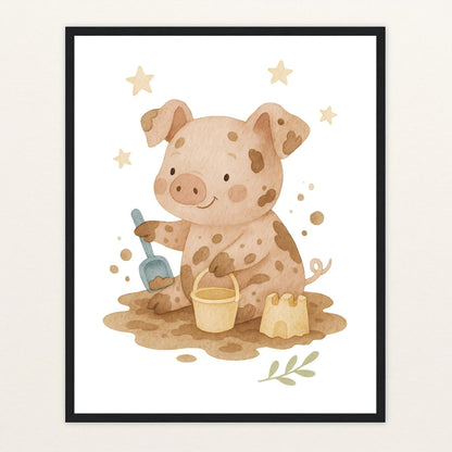 Susi das Schwein - Motiv: "Sandkasten" Poster mit Holzrahmen von tinylearner