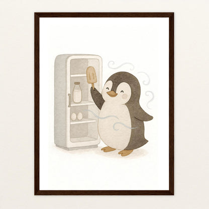 Pia der Pinguin - Motiv: "Eis" Poster mit Holzrahmen von tinylearner