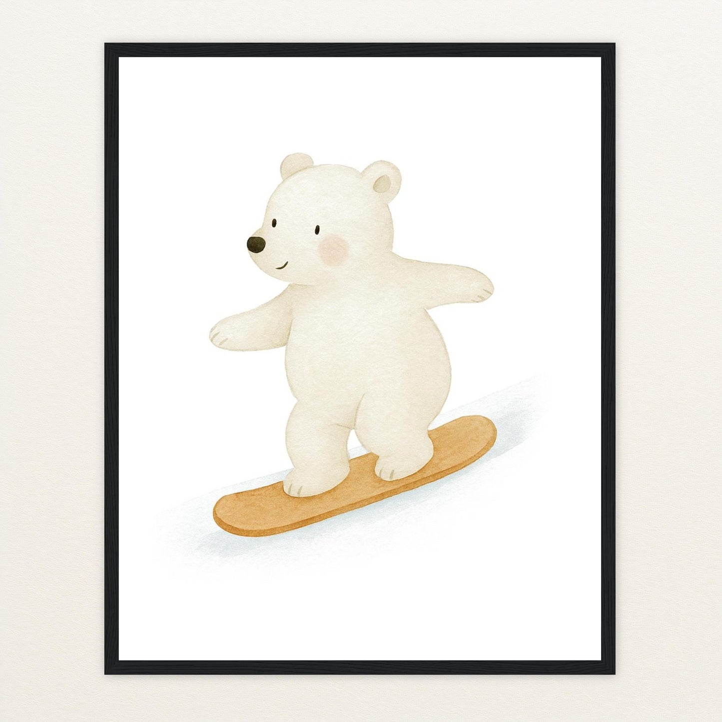 Pummel der Polarbär - Motiv: "Snowboard" Poster mit Holzrahmen von tinylearner