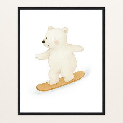 Pummel der Polarbär - Motiv: "Snowboard" Poster mit Holzrahmen von tinylearner