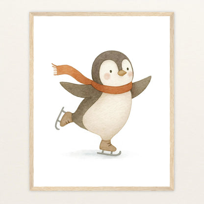 Pia der Pinguin - Motiv: "Eislaufen" Poster mit Holzrahmen von tinylearner