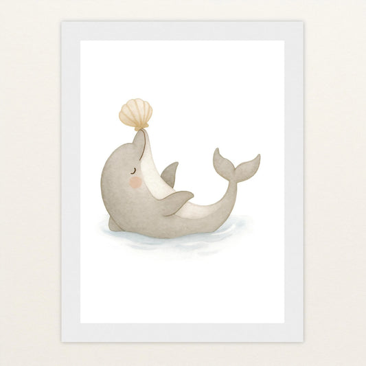 Dora der Delfin - Motiv: "Muschel" Poster mit Holzrahmen von tinylearner