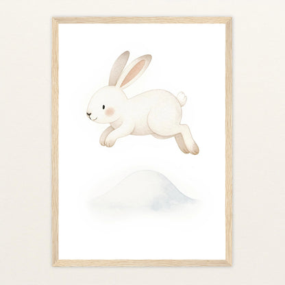Sina der Schneehase - Motiv: "Schneehügel" Poster mit Holzrahmen von tinylearner