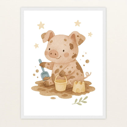 Susi das Schwein - Motiv: "Sandkasten" Poster mit Holzrahmen von tinylearner