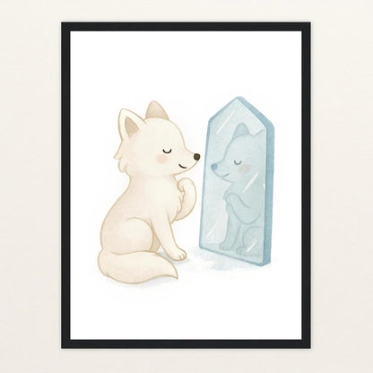 Pino der Polarfuchs - Motiv: "Spiegel" Poster mit Holzrahmen von tinylearner