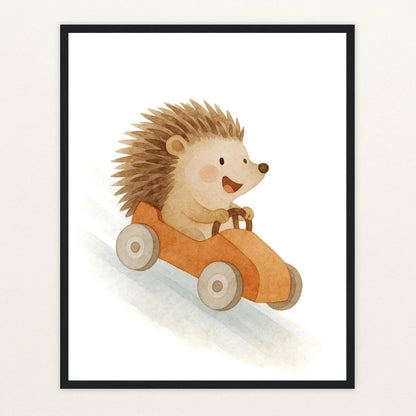 Iggi der Igel - Motiv: "Rennwagen" Poster mit Holzrahmen von tinylearner