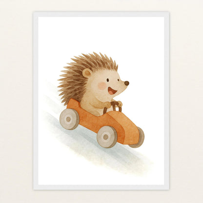 Iggi der Igel - Motiv: "Rennwagen" Poster mit Holzrahmen von tinylearner