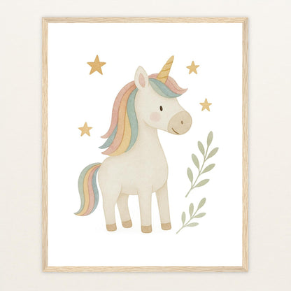 Luni das Einhorn Poster mit Holzrahmen von tinylearner