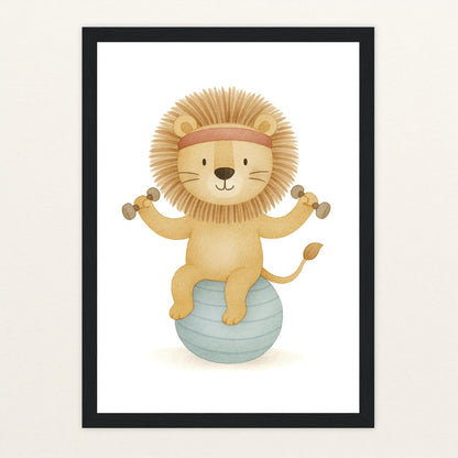 Leo der Löwe - Motiv: "Workout" Poster mit Holzrahmen von tinylearner