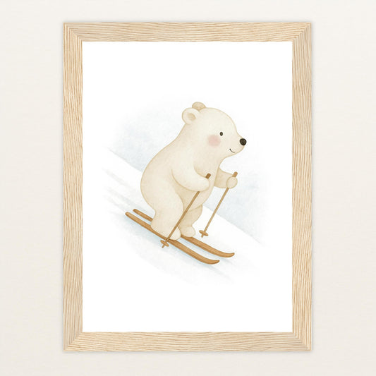 Pummel der Polarbär - Motiv: "Ski" Poster mit Holzrahmen von tinylearner
