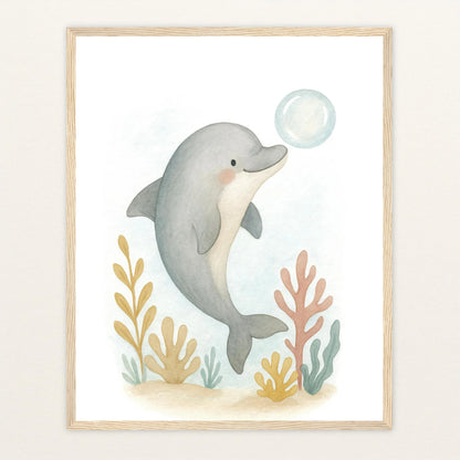 Dora der Delfin - Motiv: "Luftblase" Poster mit Holzrahmen von tinylearner