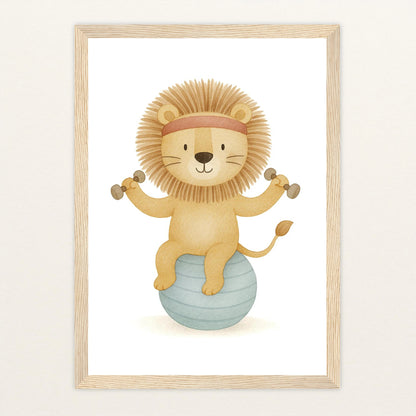 Leo der Löwe - Motiv: "Workout" Poster mit Holzrahmen von tinylearner