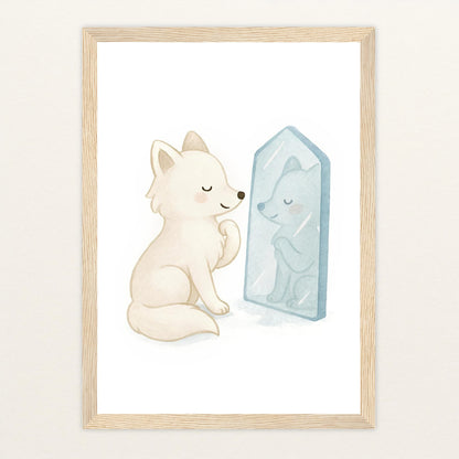 Pino der Polarfuchs - Motiv: "Spiegel" Poster mit Holzrahmen von tinylearner