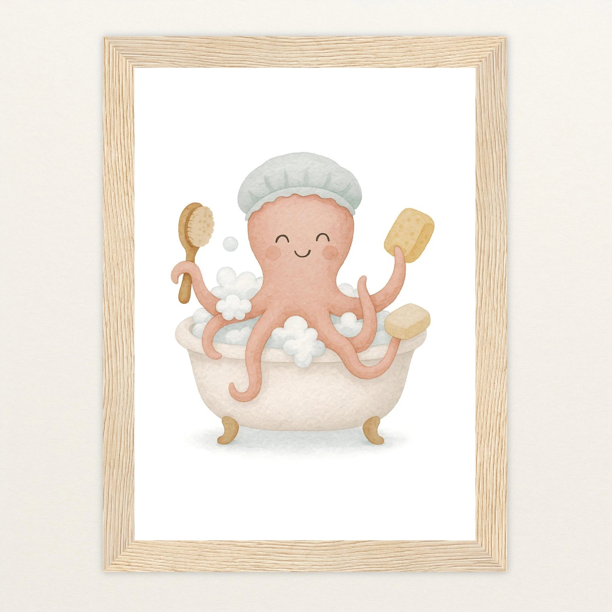 Tilli der Tintenfisch - Motiv: "Baden" Poster mit Holzrahmen von tinylearner