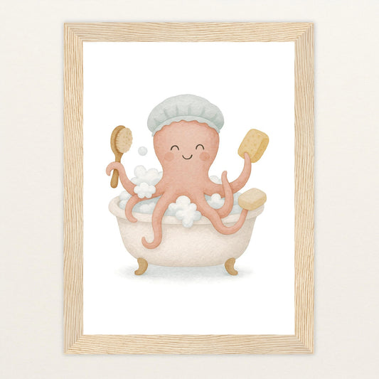 Tilli der Tintenfisch - Motiv: "Baden" Poster mit Holzrahmen von tinylearner