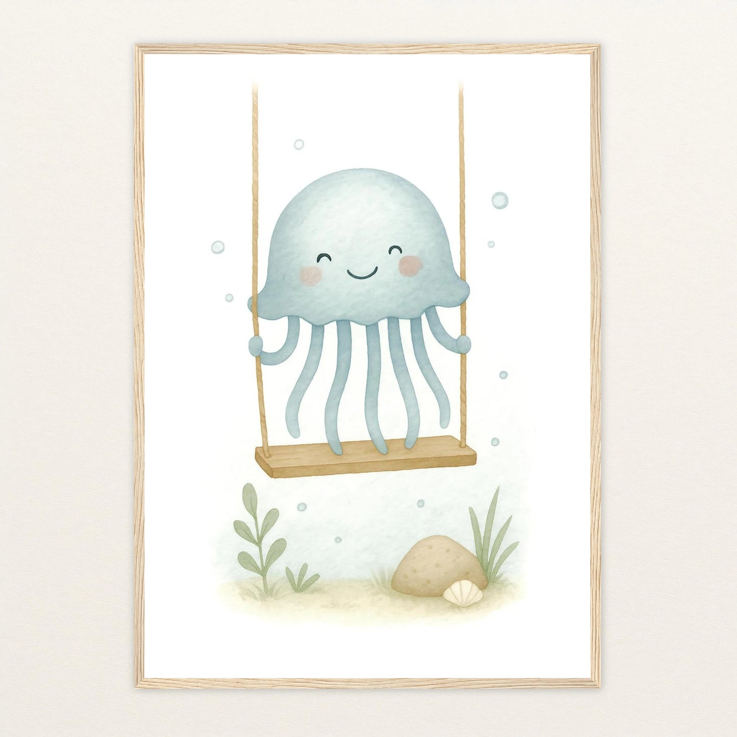 Quinn die Qualle - Motiv: "Schaukel" Poster mit Holzrahmen von tinylearner