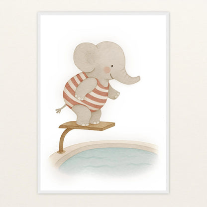 Emil der Elefant - Motiv: "Pool" Poster mit Holzrahmen von tinylearner
