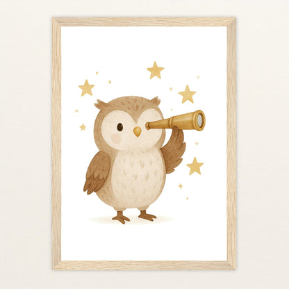 Emmi die Eule - Motiv: "Fernglas" Poster mit Holzrahmen von tinylearner