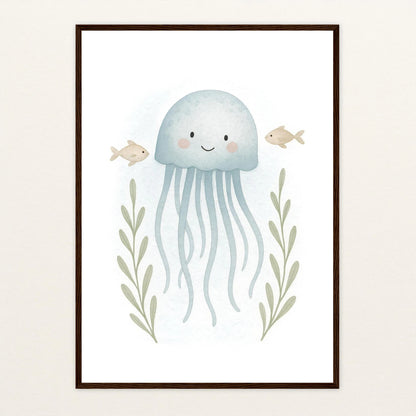 Quinn die Qualle Poster mit Holzrahmen von tinylearner