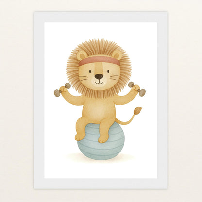 Leo der Löwe - Motiv: "Workout" Poster mit Holzrahmen von tinylearner