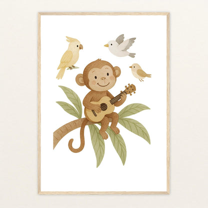 Aki der Affe - Motiv: "Ukulele" Poster mit Holzrahmen von tinylearner