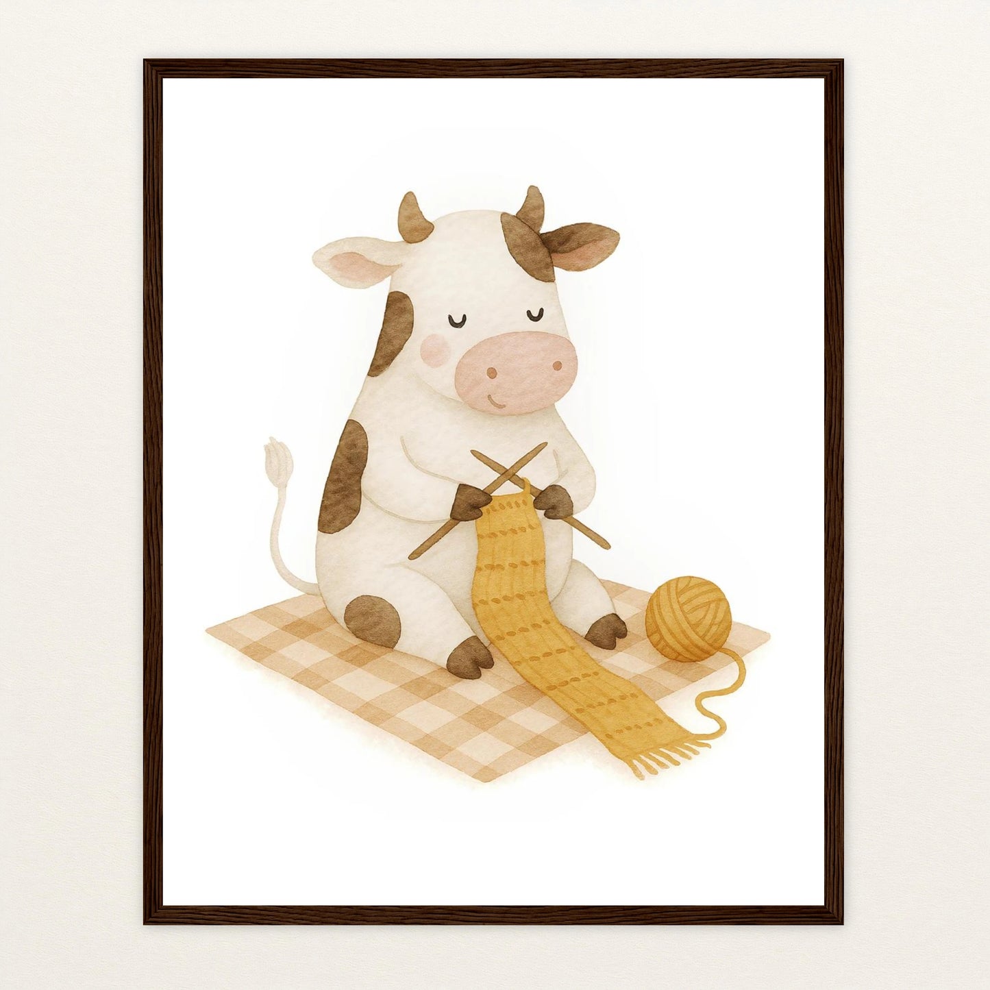 Klara die Kuh - Motiv: "Häkeln" Poster mit Holzrahmen von tinylearner