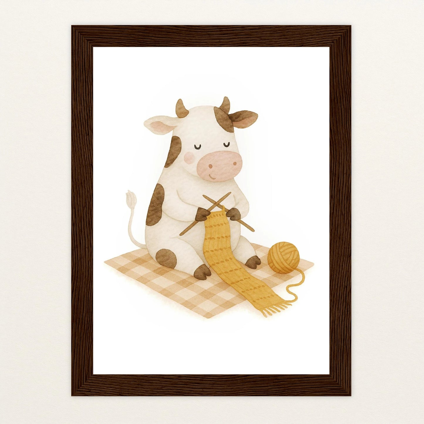 Klara die Kuh - Motiv: "Häkeln" Poster mit Holzrahmen von tinylearner