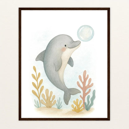 Dora der Delfin - Motiv: "Luftblase" Poster mit Holzrahmen von tinylearner