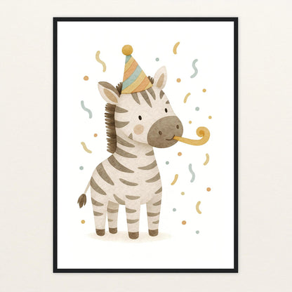 Zinni das Zebra - Motiv: "Party" Poster mit Holzrahmen von tinylearner
