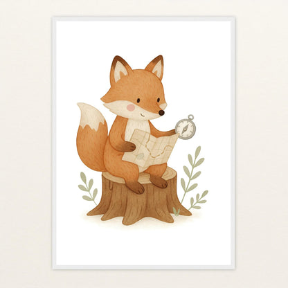 Finnegan der Fuchs - Motiv: "Abenteuerlust" Poster mit Holzrahmen von tinylearner