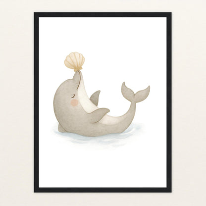 Dora der Delfin - Motiv: "Muschel" Poster mit Holzrahmen von tinylearner