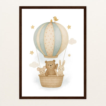 Tierfreunde - Motiv: "Heißluftballon" Poster mit Holzrahmen von tinylearner