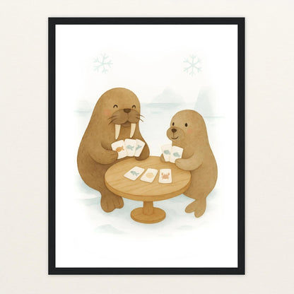 Wally das Walross - Motiv: "Kartenspiel" Poster mit Holzrahmen von tinylearner