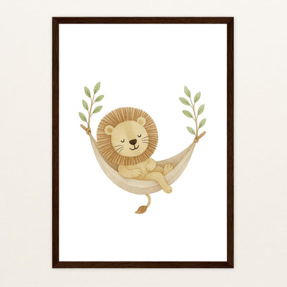 Leo der Löwe - Motiv: "Hängematte" Poster mit Holzrahmen von tinylearner