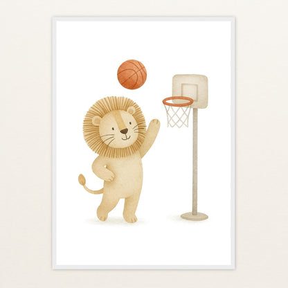 Leo der Löwe - Motiv: "Basketball" Poster mit Holzrahmen von tinylearner