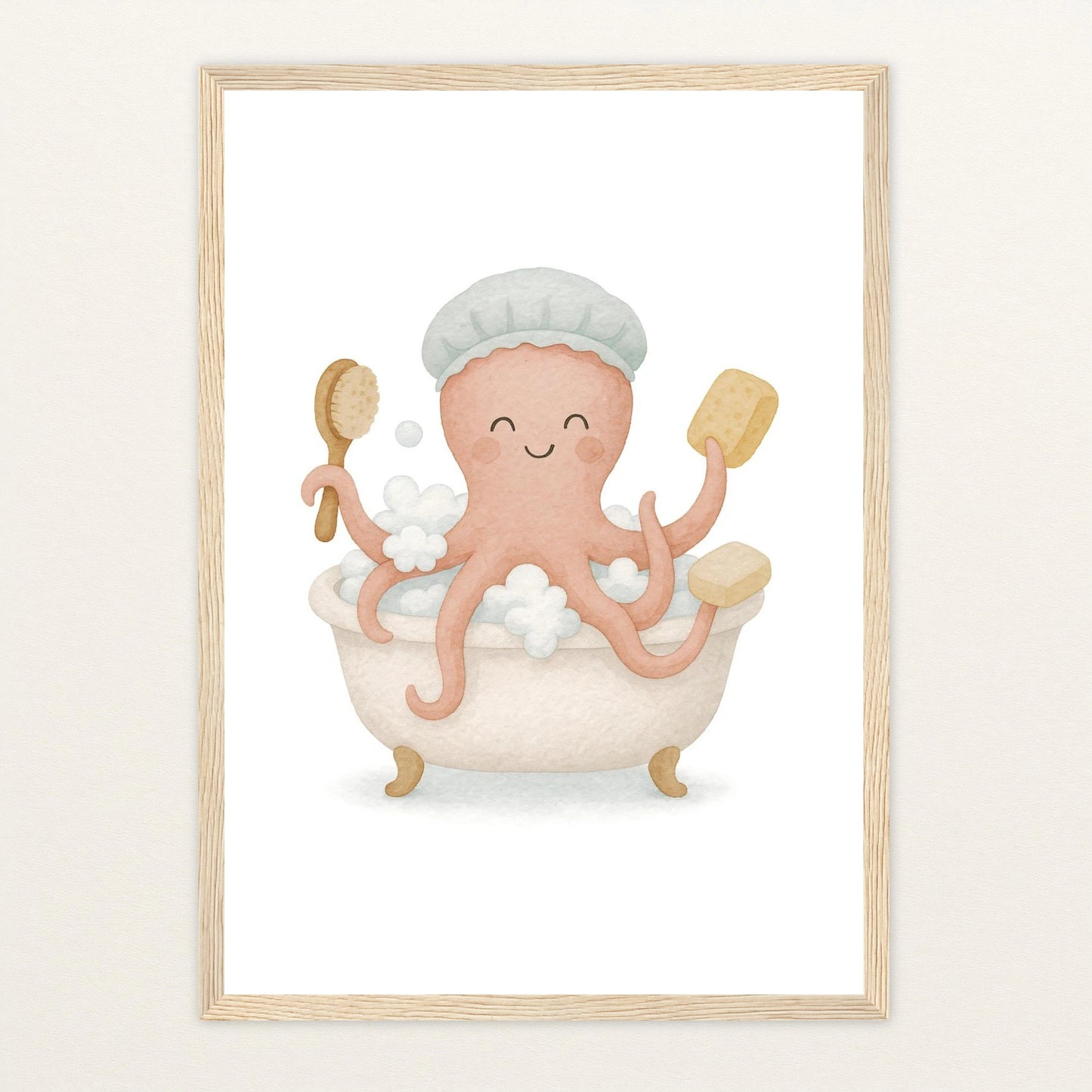 Tilli der Tintenfisch - Motiv: "Baden" Poster mit Holzrahmen von tinylearner
