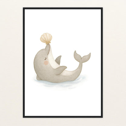 Dora der Delfin - Motiv: "Muschel" Poster mit Holzrahmen von tinylearner